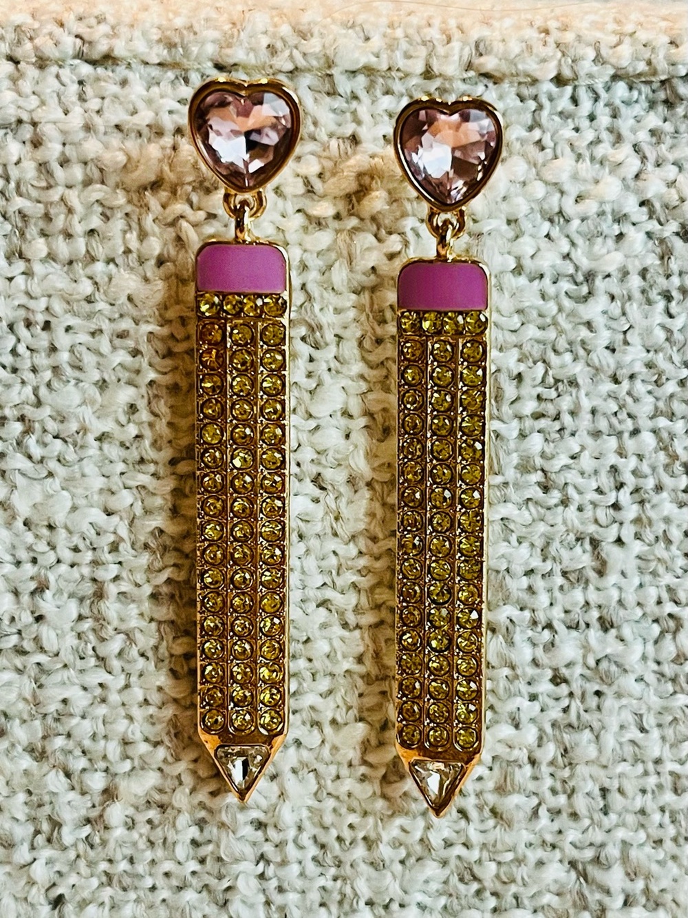 Pink Heart Top Gold Tone Crystal Pencil Drop Earrings
